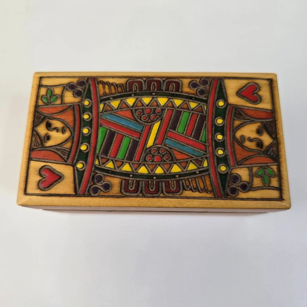 Polish Hand Painted Wood Playing Card Box Queen‎ of Hearts Folk Art Vintage